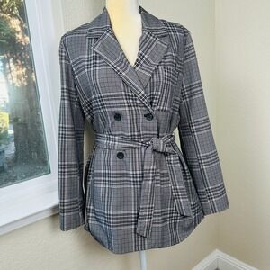 Zara Double Breasted Belted Blazer Jacket Womens S Plaid Checkered Business